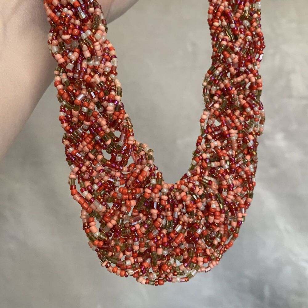 Vintage Multi Strand Seed Bead Necklace Red Orange Coral Torsade Gold Tone - Picture 6 of 8